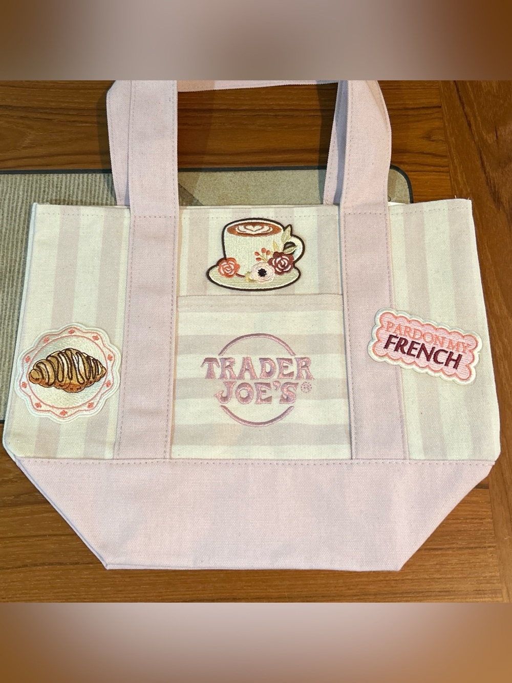 Upcycled Trader Joe's Pink Stripe Canvas Tote with a Brunch Flair